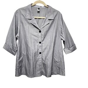 MIB Made In USA Women's 1X Gray Crinkle Nylon Button‎ Up Top Minimalist Neutral